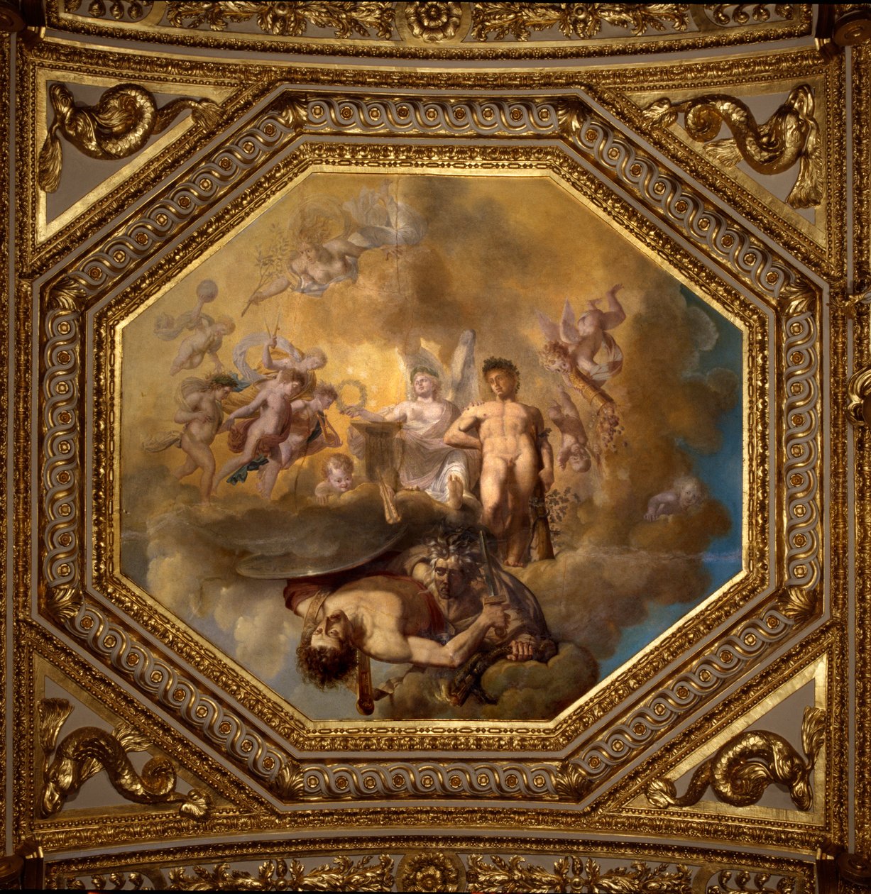 Persee megöli a Medusokat. Giovanni Romanelli (1601-1662) festménye Anna osztrák királyné (1601-1666) nyári apartmanjainak hálószobája, Antonine Hall mennyezetét díszíti. 1655-1658 körül. Párizs, Louvre Múzeum. alkotó: Giovanni Francesco Romanelli