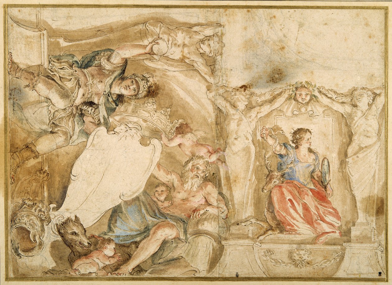 Allegorikus dekoráció egy burkolt mennyezet egyik sarkára (toll és tinta mosással, akvarell és gouache krétával papíron) alkotó: Giovanni Francesco Romanelli