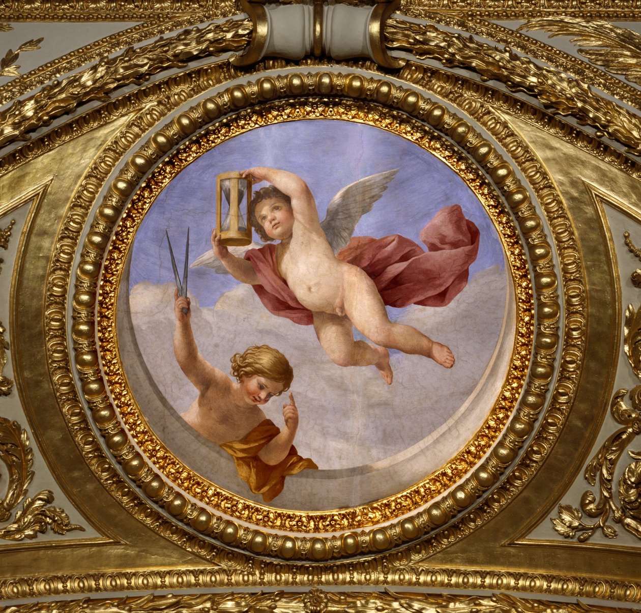 Az óvatosság szeretete. Giovanni Romanelli (1601-1662) festménye Anna osztrák királyné (1601-1666) nyári apartmanjainak hálószobája, Antonine Hall mennyezetét díszíti. 1655-1658 körül. Párizs, Louvre Múzeum. alkotó: Giovanni Francesco Romanelli