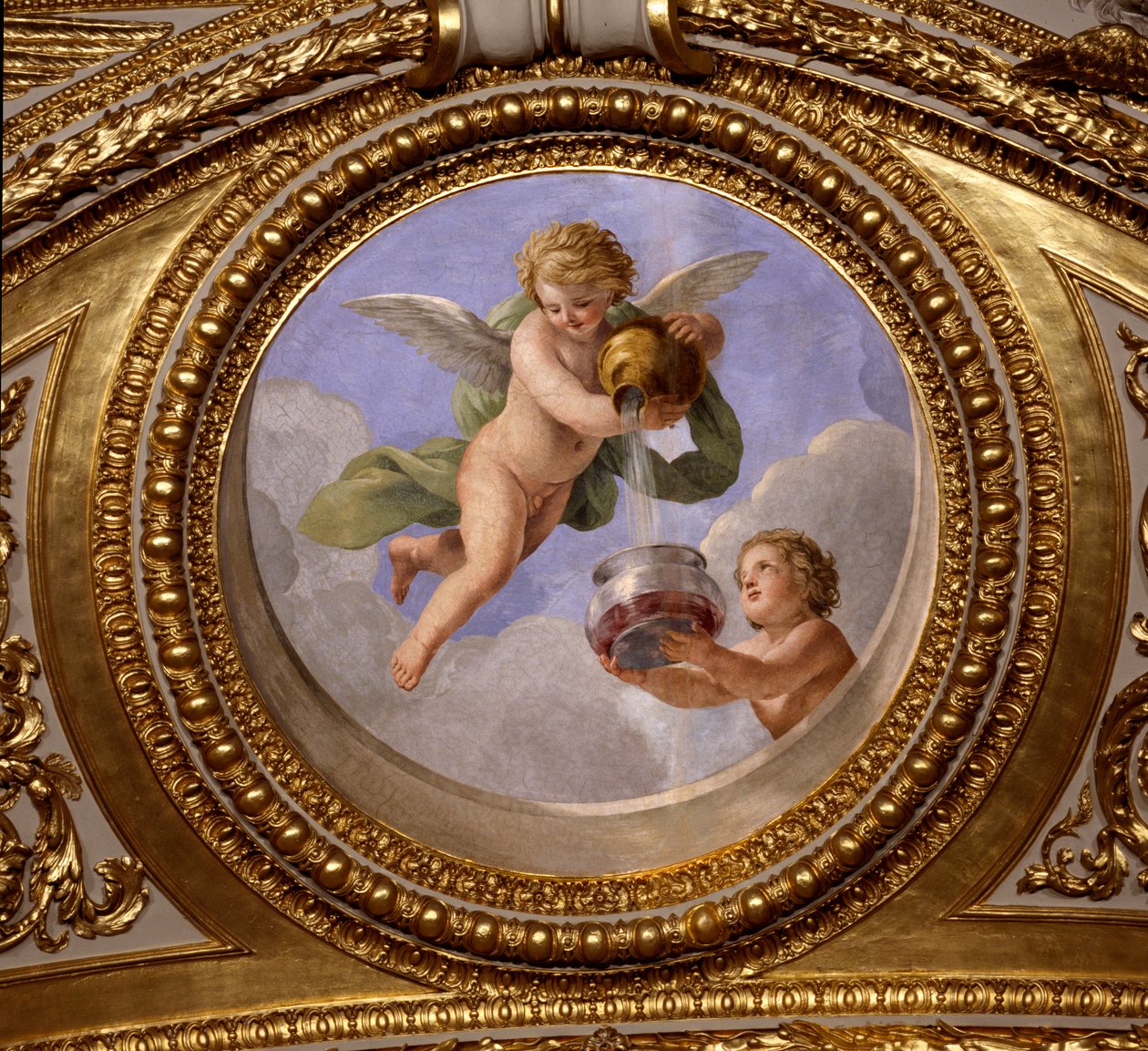 A kontinens szeretete. Giovanni Romanelli (1601-1662) festménye Anna osztrák királyné (1601-1666) nyári apartmanjainak hálószobája, Antonine Hall mennyezetét díszíti. 1655-1658 körül. Párizs, Louvre Múzeum. alkotó: Giovanni Francesco Romanelli