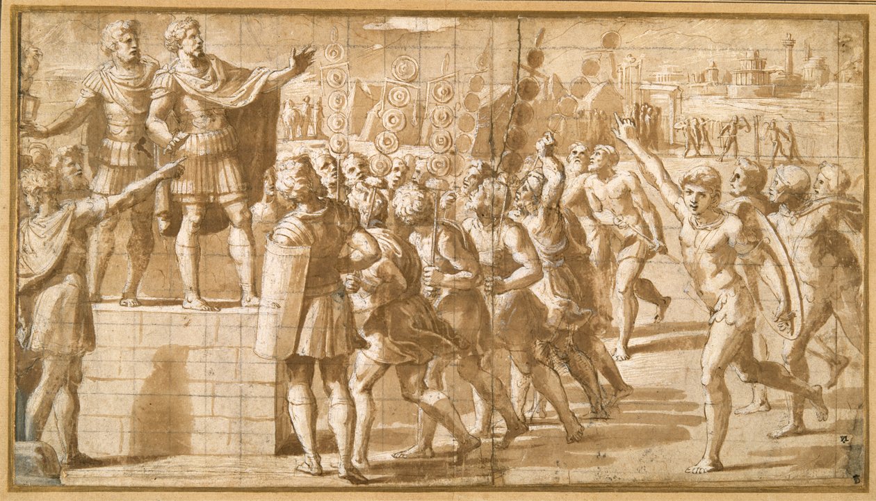 Konstantin császár katonáihoz fordulva megdöbbent a kereszt látomásától az égen (toll és barna tinta barna mosással és kiemeléssel) alkotó: Giovanni Francesco (c.1488 1528) Penni