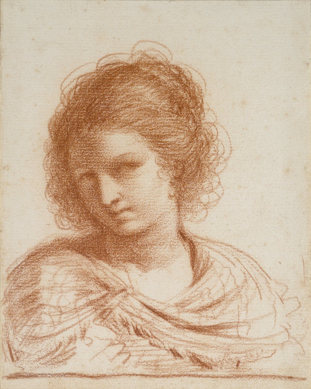 Egy fiatal nő feje, 1650-1666 (piros kréta fehér papíron) alkotó: Giovanni Francesco Barbieri