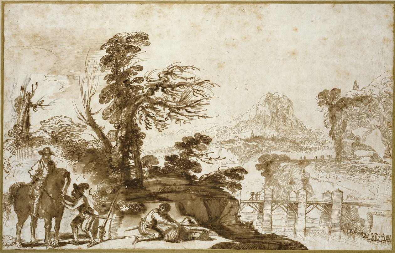 Táj lovassal és híddal (toll és mosás barna tintával, fekete krétával törtfehér papíron) alkotó: Giovanni Francesco Barbieri