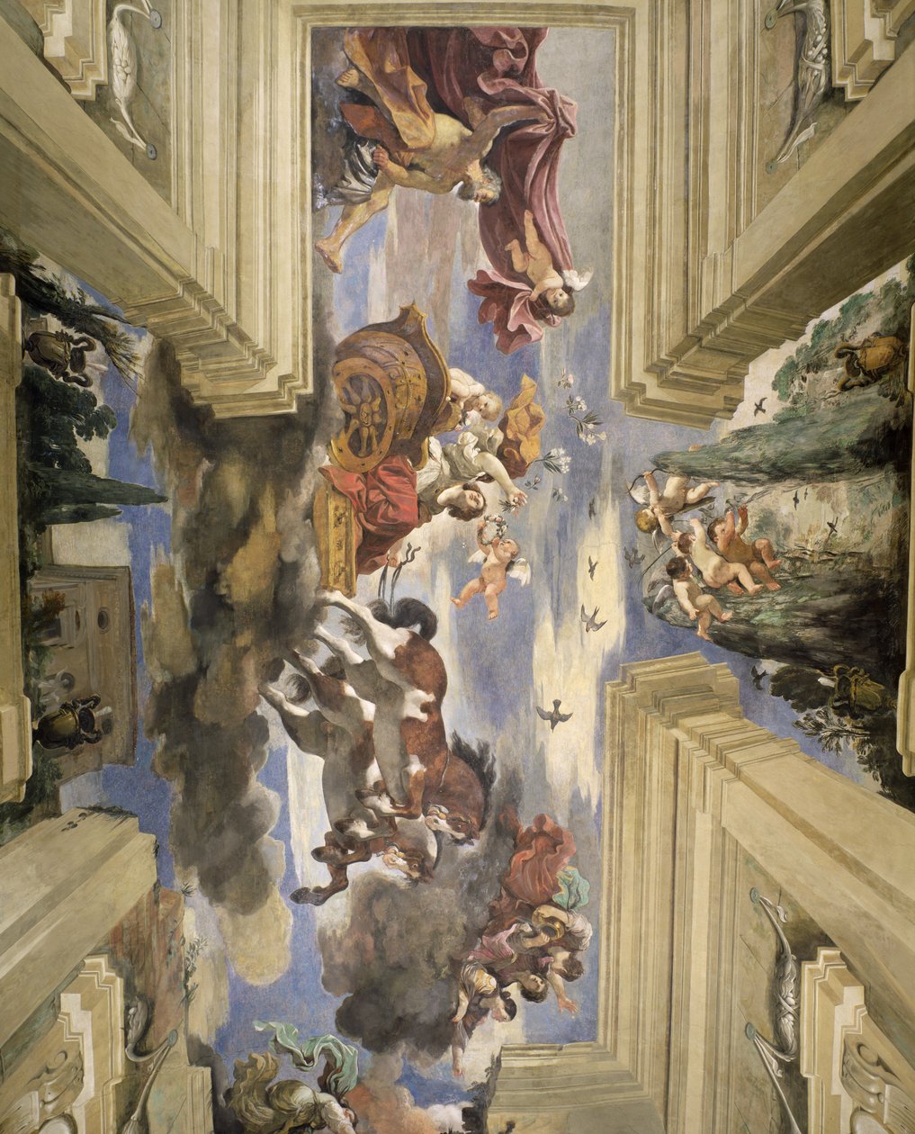 A Sala di Aurora Hajnal Csarnok mennyezeti részlete Dawns szekerét, 1621-es temperát a panelen alkotó: Giovanni Francesco Barbieri