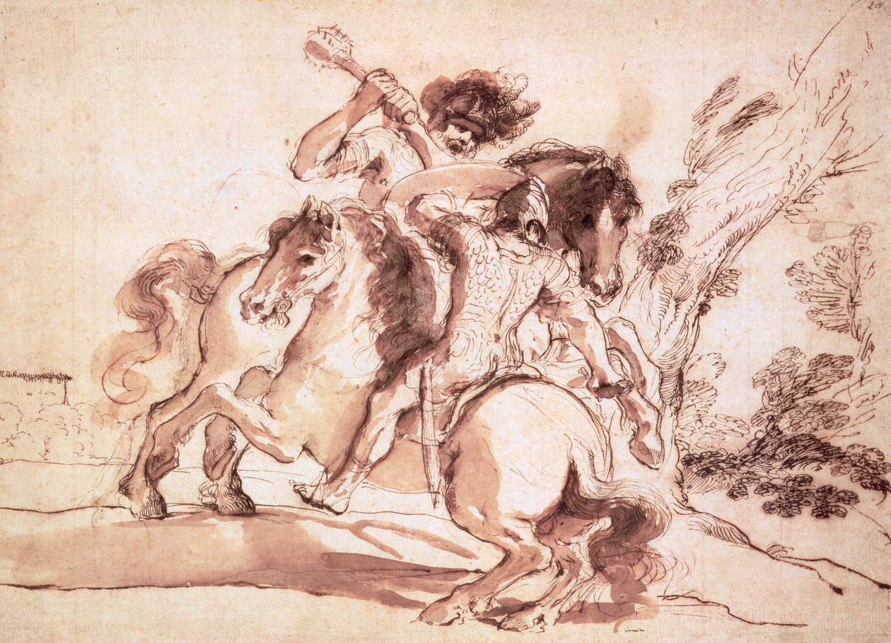 Két lovas harca (toll és tinta, mosás papíron) alkotó: Giovanni Francesco Barbieri
