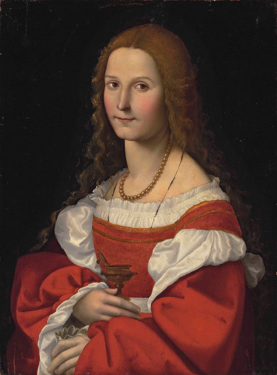 Mária Magdolna női portré, félhosszú, piros ruhában, gyöngyház nyaklánccal alkotó: Giovanni Francesco Caroto