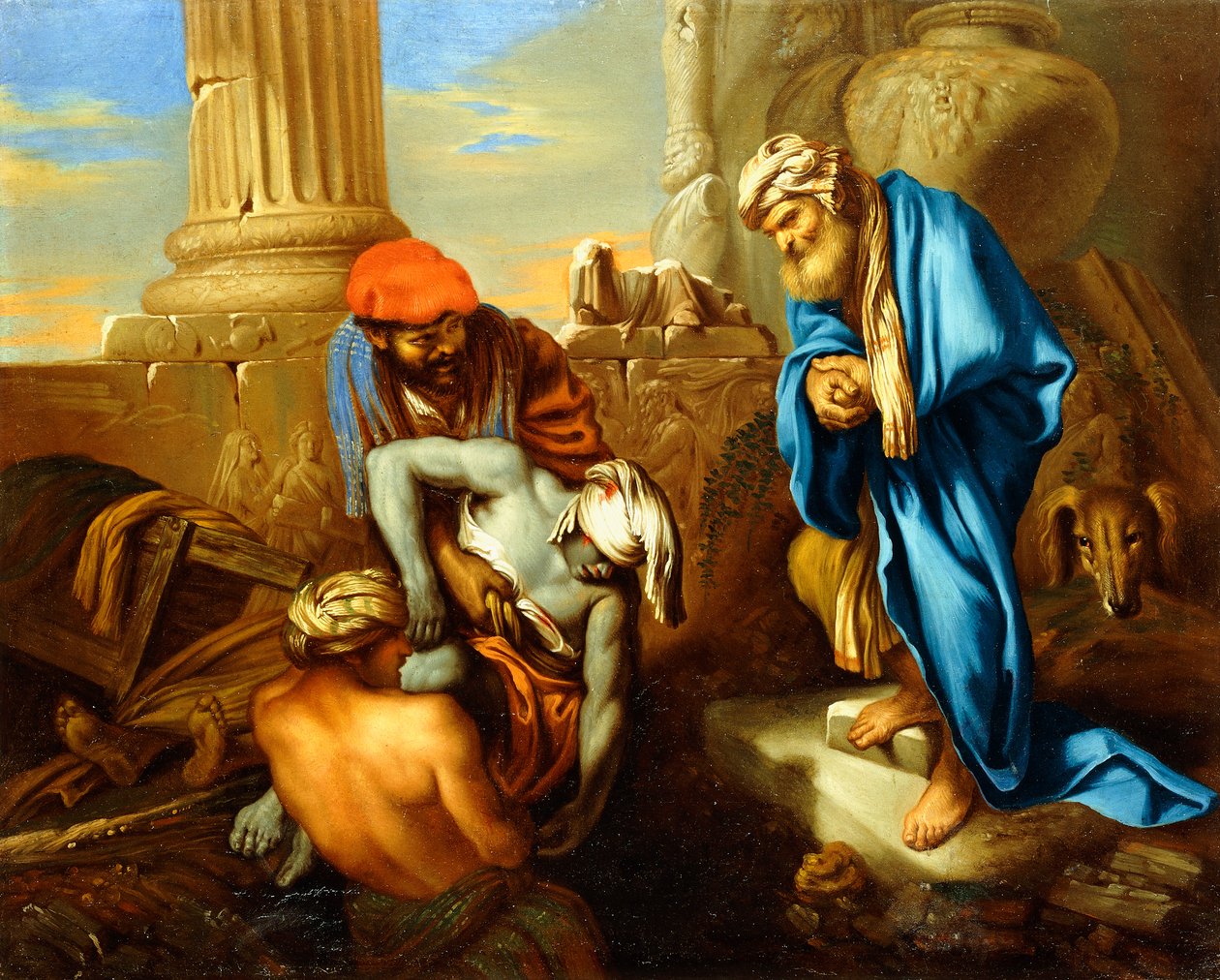 Tobit, aki Szanherib parancsai ellenére eltemeti a halottakat, alkotó: Giovanni Francesco Castiglione