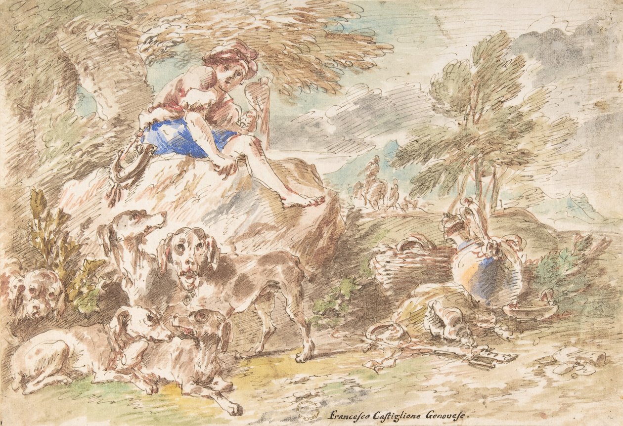 Fiatal vadász kutyáival egy tájban, 1641-1710. alkotó: Giovanni Francesco Castiglione