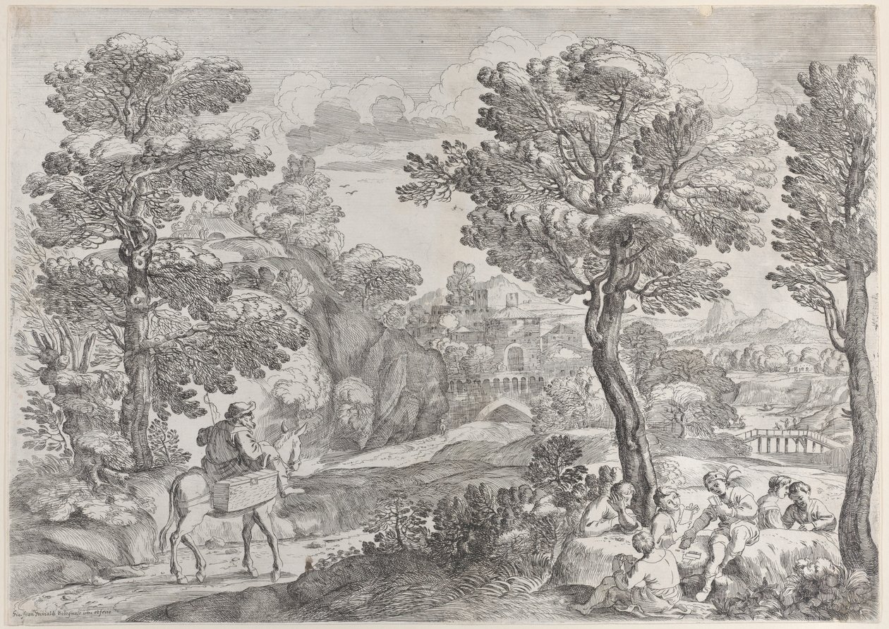 Jobb oldalon egy kártyázó embercsoport, bal oldalon egy lóháton ülő ember, 1626-80. alkotó: Giovanni Francesco Grimaldi