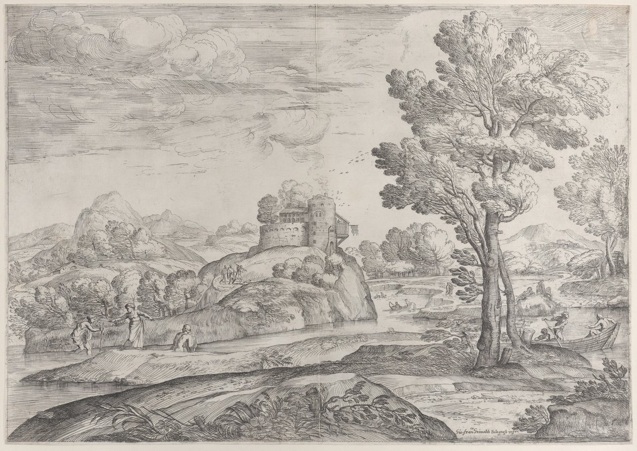 Egy ház egy kerek szikla tetején középen, emberek a folyóban és kenukban, 1626-80. alkotó: Giovanni Francesco Grimaldi