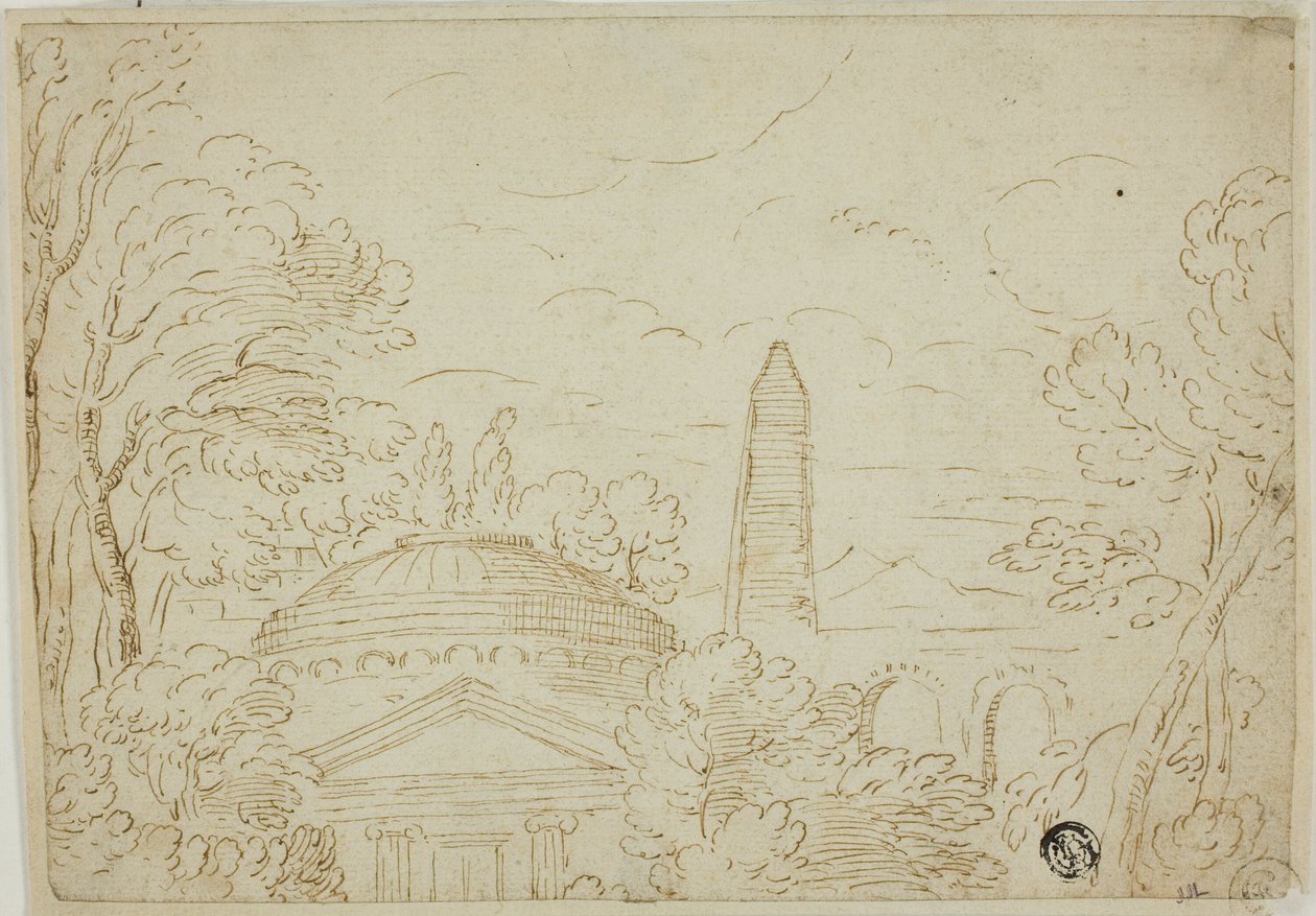 Tájkép templommal, obeliszkkel és vízvezetékkel alkotó: Giovanni Francesco Grimaldi