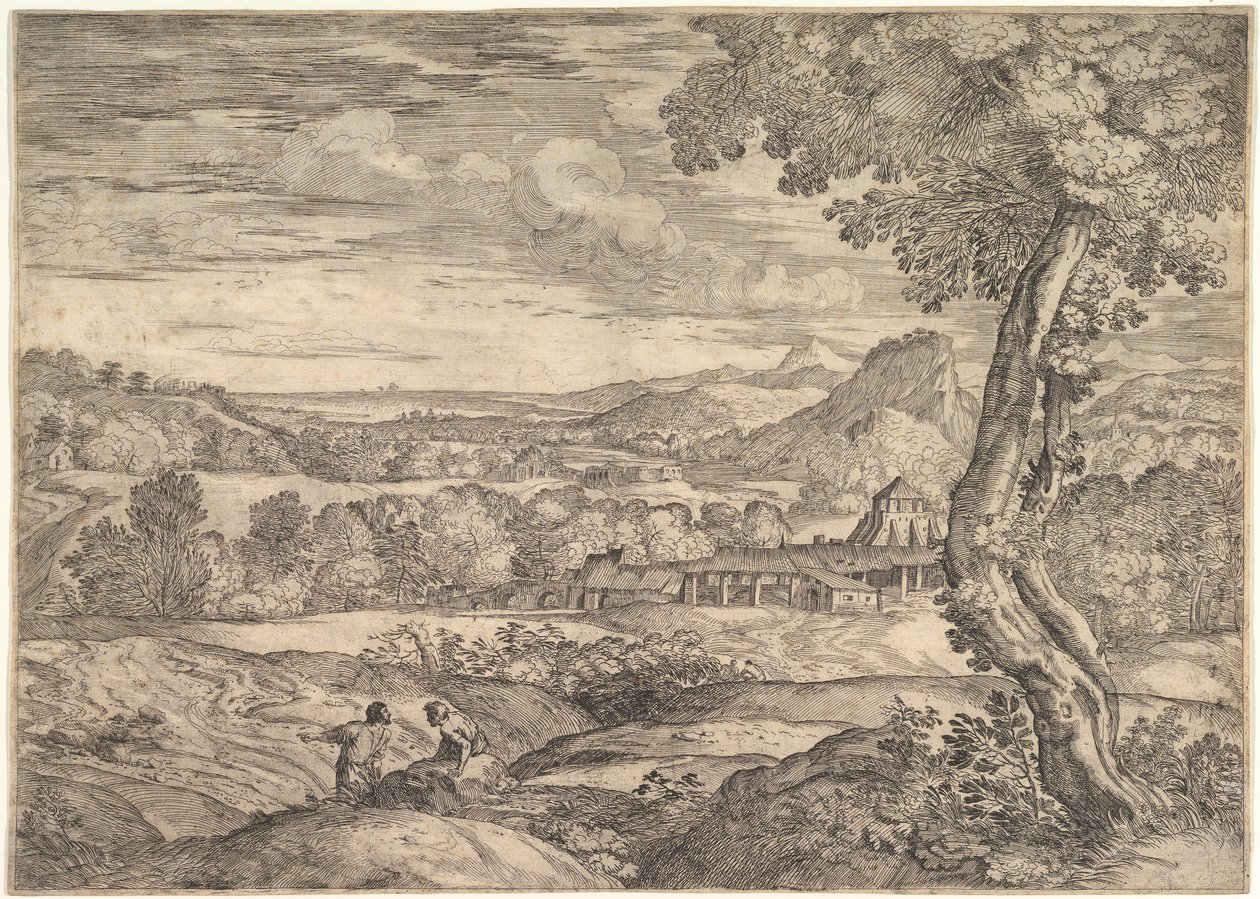 Táj középen téglagyárral, előtérben álló emberrel p..., 1626-80. alkotó: Giovanni Francesco Grimaldi