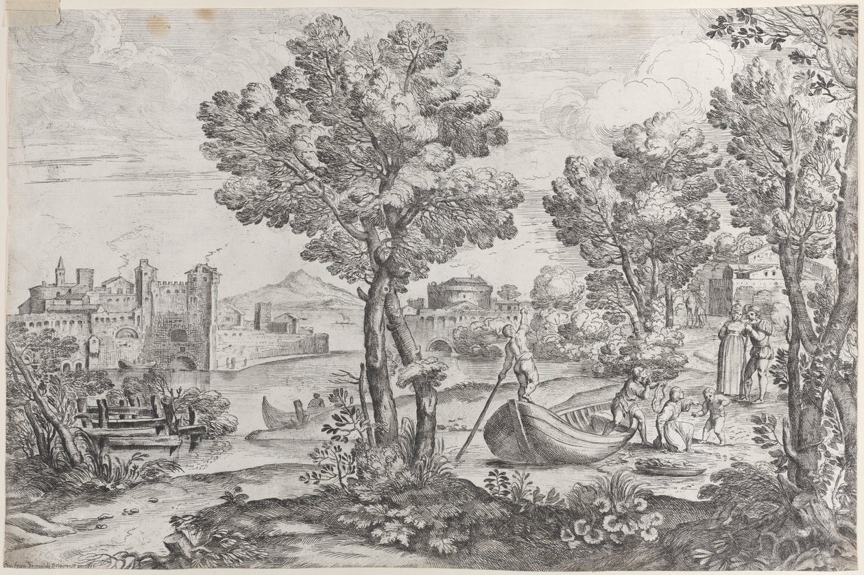 Tájkép egy férfival, aki kígyót tart egy rémült gyereknek, egy divatos dre..., 1626-80. alkotó: Giovanni Francesco Grimaldi