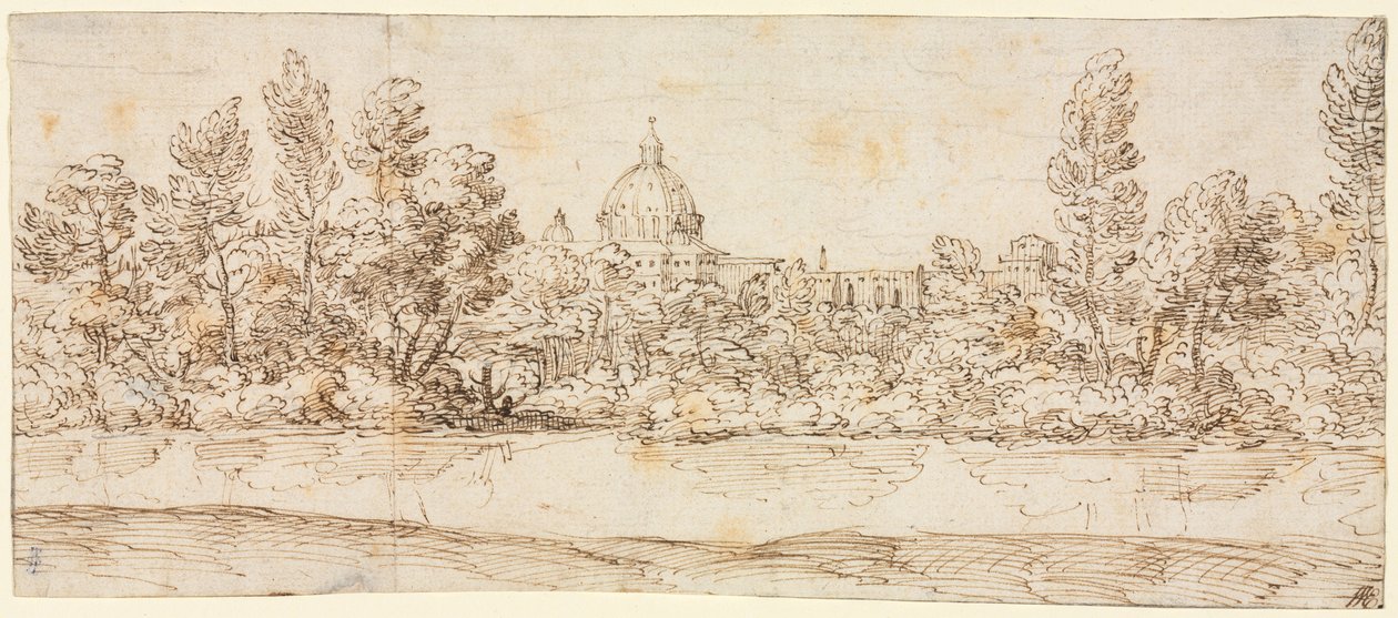 Folyói táj, kilátással a Szent Péter-bazilikára, 1660 után. alkotó: Giovanni Francesco Grimaldi