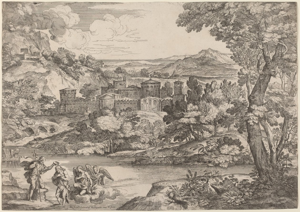 Krisztus megkeresztelkedése, egy hegyvidéki tájon alkotó: Giovanni Francesco Grimaldi