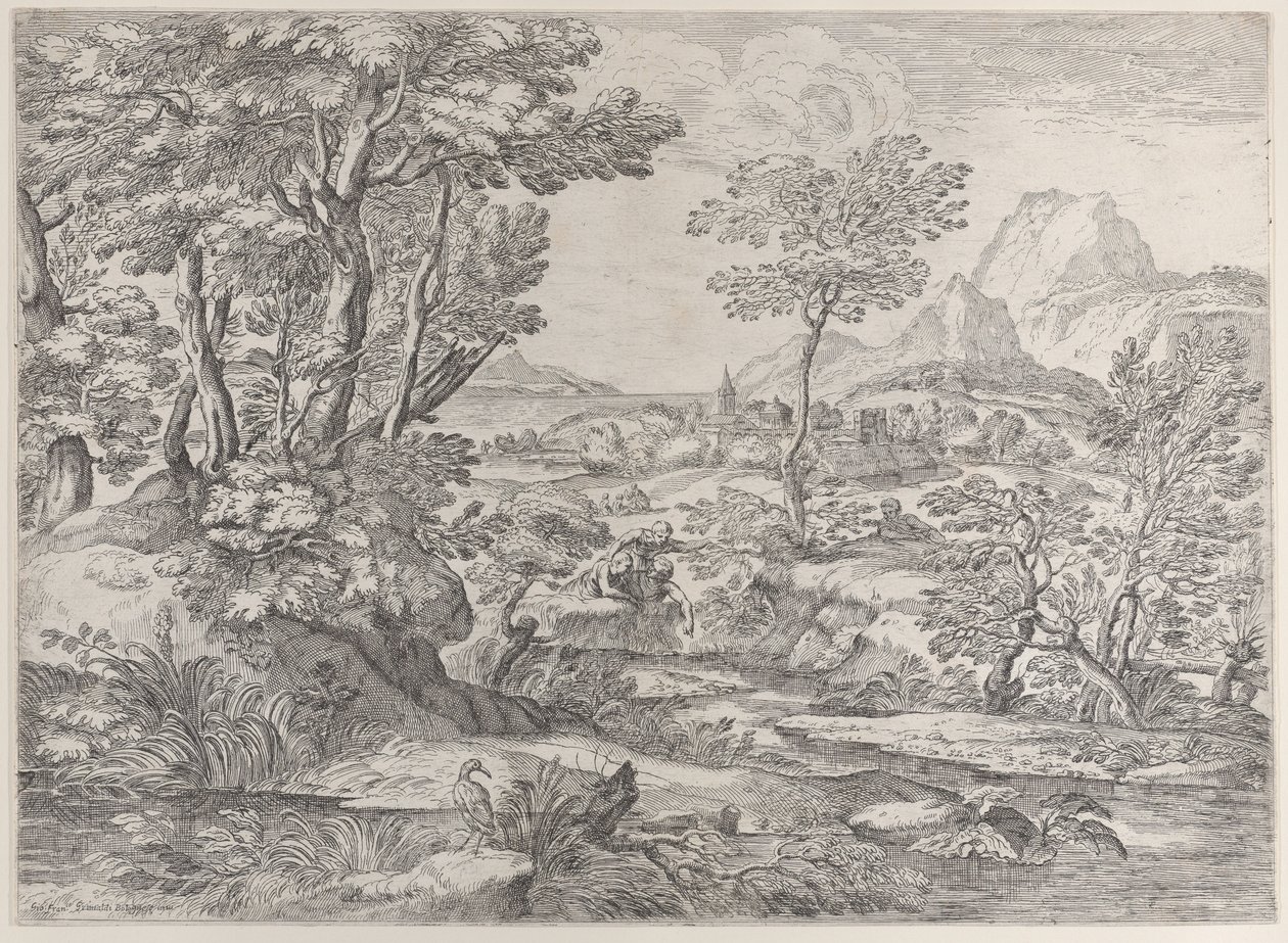 Három fiú egy tájon, a háttérben egy város, 1626-80. alkotó: Giovanni Francesco Grimaldi