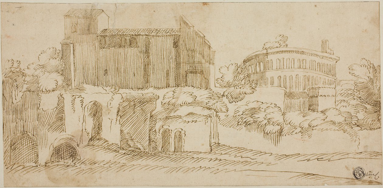 Kilátás a templomra és a romokra alkotó: Giovanni Francesco Grimaldi
