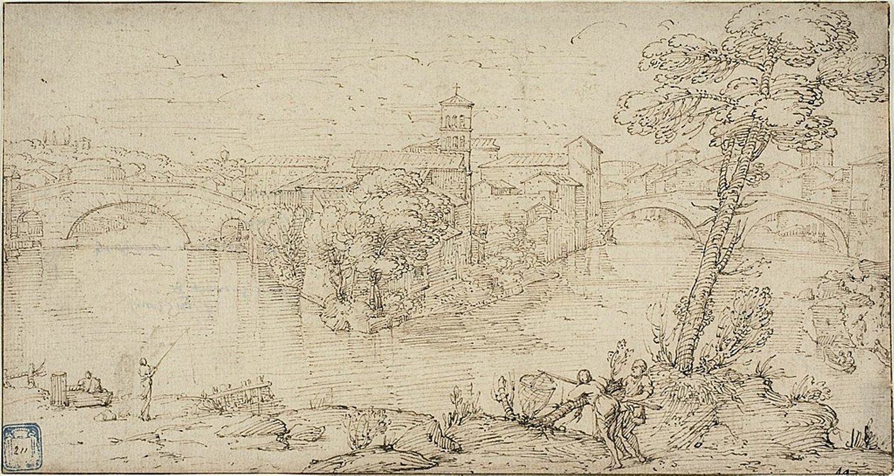 Kilátás az Isola Tiberina-ra alkotó: Giovanni Francesco Grimaldi