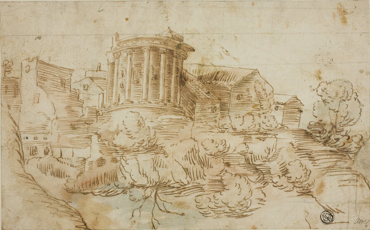 A Vesta-templom, Tivoli kilátása alkotó: Giovanni Francesco Grimaldi