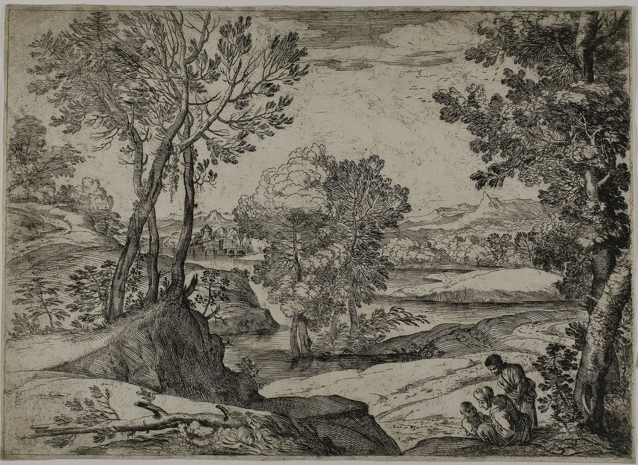 Nő, gyermeke és egy álló férfi egy tájban alkotó: Giovanni Francesco Grimaldi