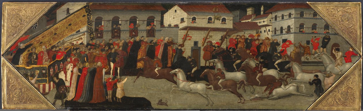 Panel egy Cassone-ból: A palio versenye Firenze utcáin, 1418 alkotó: Giovanni Francesco Toscani