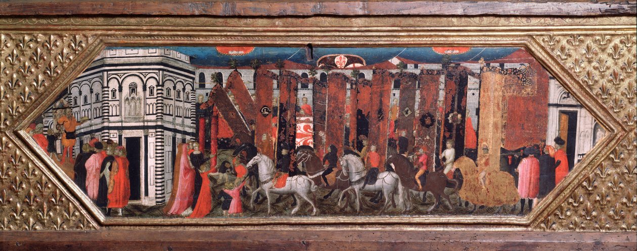 San Giovanni rúdjainak körmenete - Fából készült láda San Giovanni Battista ünnepének ábrázolásával Firenzében - Giovanni Toscani (1370-1430) festménye, Bargello Múzeum, Firenze alkotó: Giovanni Francesco Toscani
