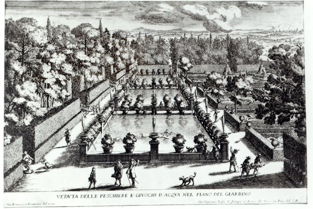 Giovanni Battista Falda (kb. 1648-1787) halastavak a Villa dEste-ben, Tivoliban, a Le Fontane-ból, 1689. alkotó: Giovanni Francesco Venturini