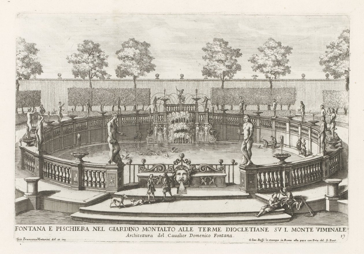 Szökőkút és halastó a római Villa Montalto kertjében Fontana e pischiera nel giardino Montalto alle Terme Diocletiane (...) (cím a tárgyon) Le fontane ne palazzi e ne giardini di Roma (sorozat címe) Szökőkutak Ro palotáiban és kertjeiben alkotó: Giovanni Francesco Venturini