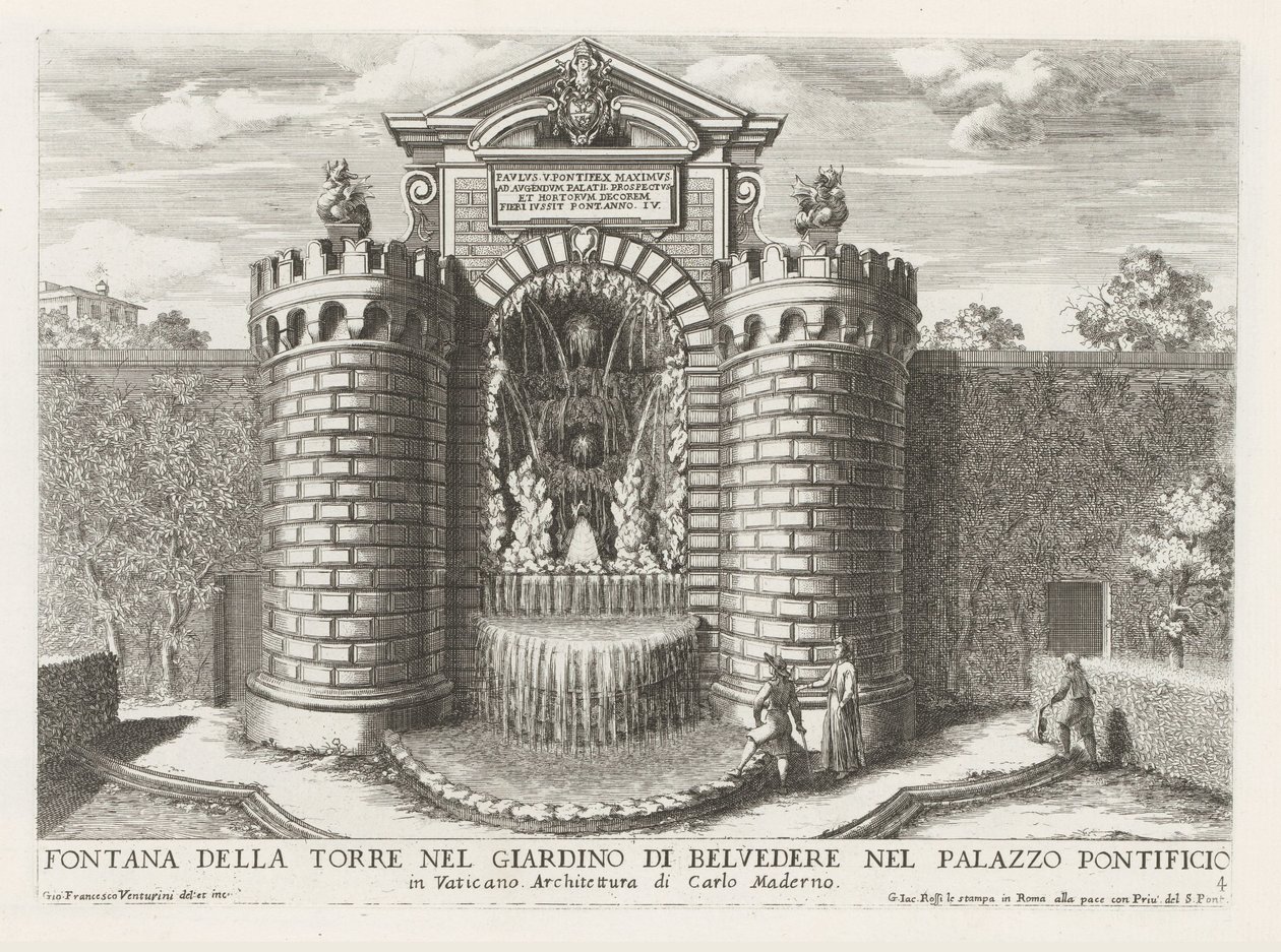 Fontein in de Vaticaanse tuinen Torony szökőkút a Belvedere kertben a pápai palotában (...) (cím a tárgyon) Szökőkutak a római palotákban és kertekben (sorozat címe) Fonteinen in de paleizen en tuinen van Rome (sorozat címe) alkotó: Giovanni Francesco Venturini