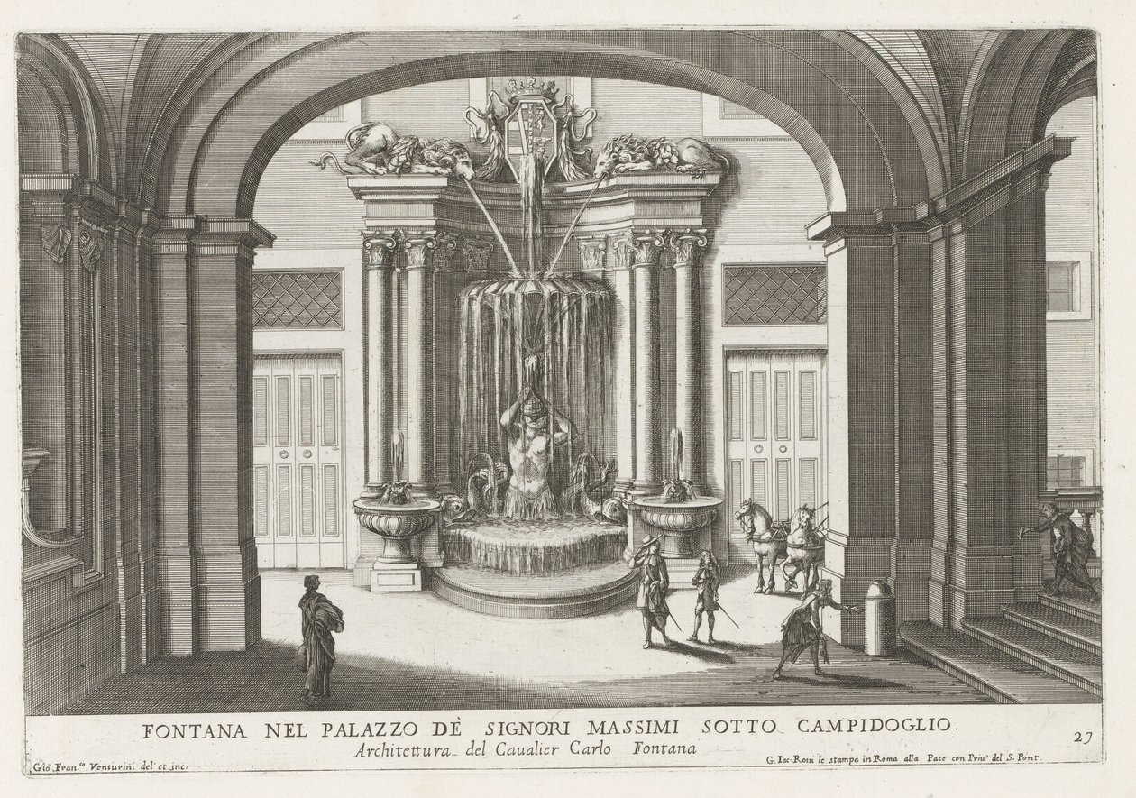 Fontein in de binnenplaats van het Palazzo Massimo di Rignano te Rome Szökőkút a Palazzo dei Signori Massimiban a Campidoglio alatt (cím a tárgyon) Szökőkutak a római palotákban és kertekben (sorozat címe) Fonteinen in de paleizen en tuinen van Rome (komol alkotó: Giovanni Francesco Venturini