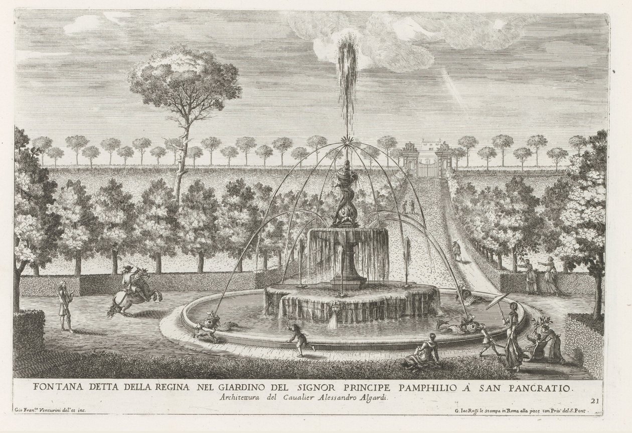 Fontein a Villa Doria Pamphilj te Rómában Királynőként ismert szökőkút Pamphilio herceg kertjében San Pancratióban (cím a tárgyon) Szökőkutak a római palotákban és kertekben (sorozat címe) Fonteinen in de paleizen en tuinen v alkotó: Giovanni Francesco Venturini