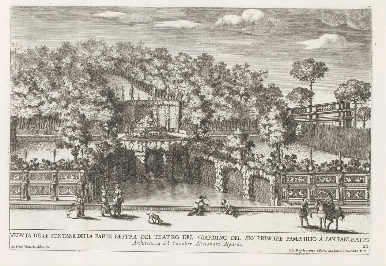 Fontein a Villa Doria Pamphilj te Rómában Kilátás a szökőkutakra a kertszínház jobb oldalán (...) (cím a tárgyon) Szökőkutak a római palotákban és kertekben (sorozat címe) Fonteinen in de paleizen en tuinen van Rome (sorozat alkotó: Giovanni Francesco Venturini