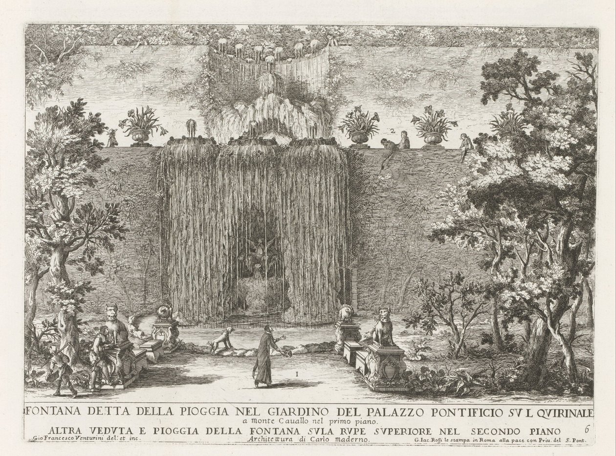 Fontein a római Quirinal palotában Esőként ismert szökőkút a pápai palota kertjében a Quirinale-n (...) (cím a tárgyon) Szökőkutak a római palotákban és kertekben (sorozat címe) Fonteinen in de paleizen en tuine alkotó: Giovanni Francesco Venturini