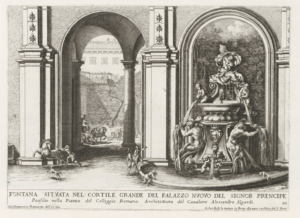 Fontein in een binnenplaats van het Palazzo Doria Pamphilj te Rome Szökőkút a Palazzo Nuovo del Signor prencipe nagy udvarában (...) (cím a tárgyon) Szökőkutak a római palotákban és kertekben (sorozat címe) Fonteinen in de paleizen en tu alkotó: Giovanni Francesco Venturini