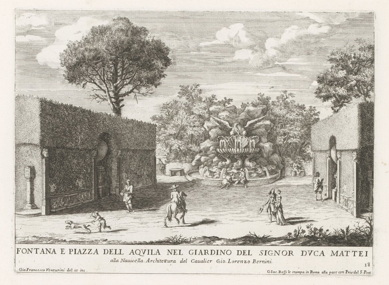 Fontein találkozott Adelaar-ral a római Villa Celimontana tuinen városában Szökőkút és Piazza del Aquila a Signor Duke Mattei kertjében (...) (cím a tárgyon) Szökőkutak a római palotákban és kertekben (sorozat címe) Fonteinen in de paleizen en tuinen van R alkotó: Giovanni Francesco Venturini