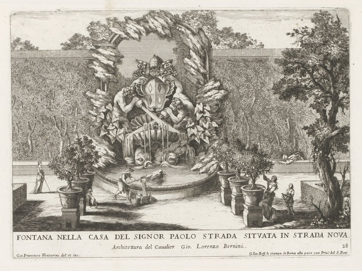 Szökőkút pápai címerrel, két tritonnal és delfinekkel Fontana nella casa del signor Paolo strada situata in strada nova (cím a tárgyon) Le fontane ne palazzi e ne giardini di Roma (sorozat címe) Szökőkutak a római palotákban és kertekben ( alkotó: Giovanni Francesco Venturini