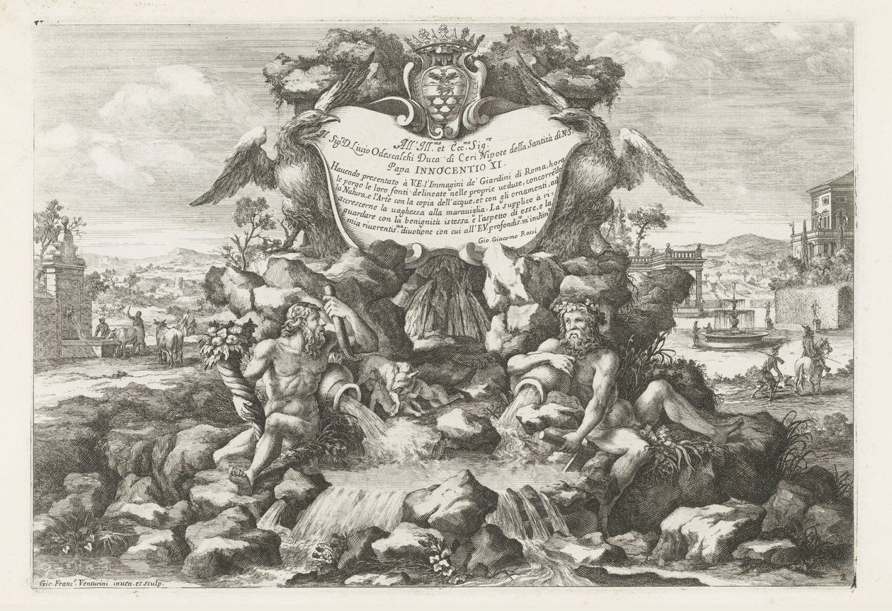 Szökőkút Livio Odescalchi dedikációjával és címerével Le fontane ne palazzi e ne giardini di Roma (sorozat címe) Szökőkutak a római palotákban és kertekben (sorozat címe) alkotó: Giovanni Francesco Venturini