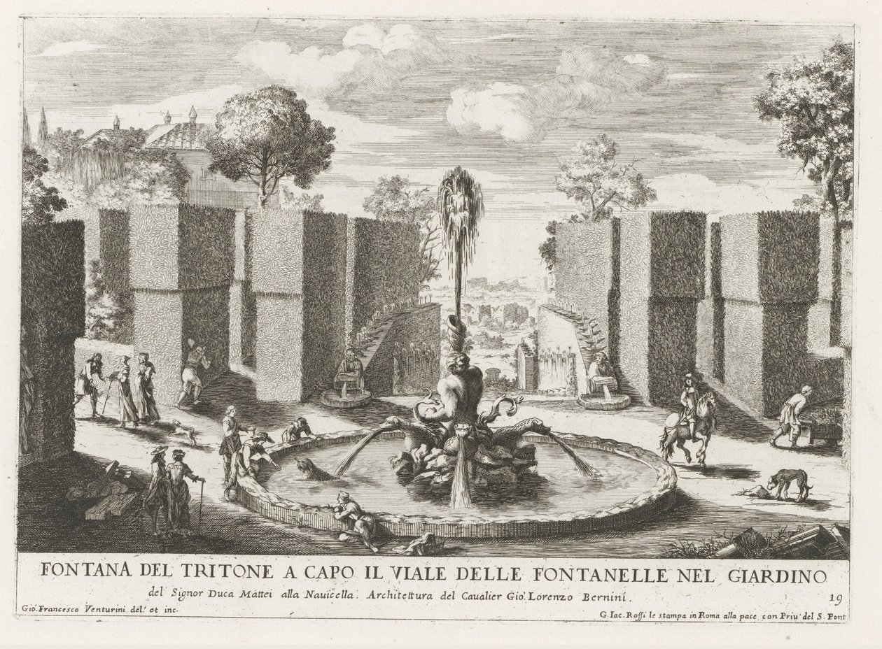 Fontein találkozott tritonnal a római Villa Celimontana tuinen Triton szökőkút a kerti szökőkutak sugárútjának fejében (...) (cím a tárgyon) Szökőkutak a római palotákban és kertekben (sorozat címe) Fonteinen in de paleizen en tuinen van alkotó: Giovanni Francesco Venturini