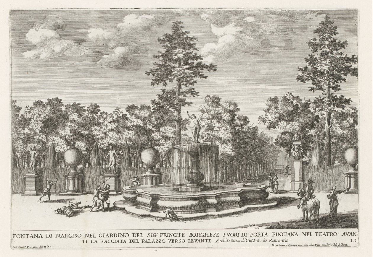Fontein van Narcissus a Villa Borghese Rómában Nárcisz-kút Borghese herceg úr kertjében (...) (cím a tárgyon) Szökőkutak a római palotákban és kertekben (sorozat címe) Fonteinen in de paleizen en tuinen van Rome (sorozat címe) alkotó: Giovanni Francesco Venturini