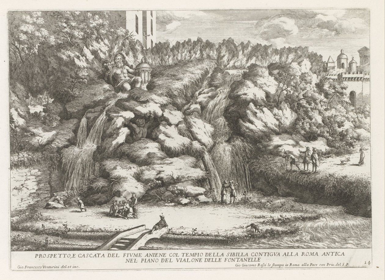 Landschap met cascade en Tempel van de Tiburtijnse Sibille t és Tivoli Az aniene folyó magaslata és vízesése a szibilla templomával (...) (cím a tárgyon) A tivoli Estense kert szökőkútjai (sorozat címe) Fonteinen in de tuinen van Villa d