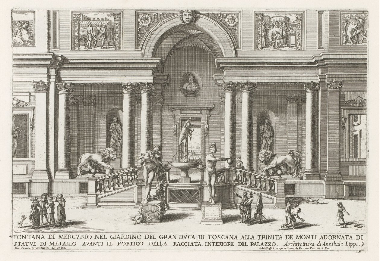 Loggia en tuin a Villa Medici Rómában Merkúr-kút a toszkán nagyherceg kertjében, Trinita de Montiban (...) (cím a tárgyon) Szökőkutak a római palotákban és kertekben (sorozat címe) Fonteinen in de paleizen en tuinen van Rome (lásd alkotó: Giovanni Francesco Venturini
