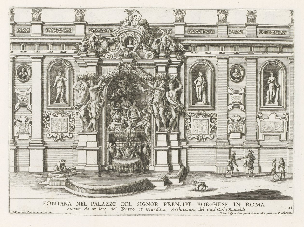 Nymphaeum in de binnenplaats van het Palazzo Borghese te Róma Szökőkút Signor prencipe Borghese palotájában Rómában (...) (cím a tárgyon) Szökőkutak a római palotákban és kertekben (sorozat címe) Fonteinen in de paleizen en tuinen van Rome (sorozat alkotó: Giovanni Francesco Venturini