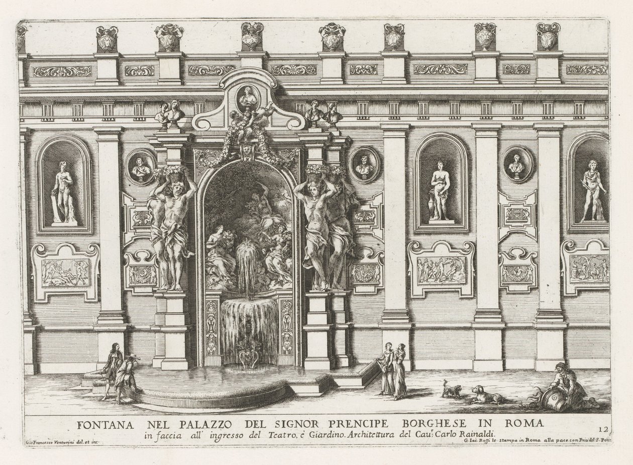 Nymphaeum in de binnenplaats van het Palazzo Borghese te Róma Szökőkút Signor prencipe Borghese palotájában Rómában (...) (cím a tárgyon) Szökőkutak a római palotákban és kertekben (sorozat címe) Fonteinen in de paleizen en tuinen van Rome (sorozat alkotó: Giovanni Francesco Venturini