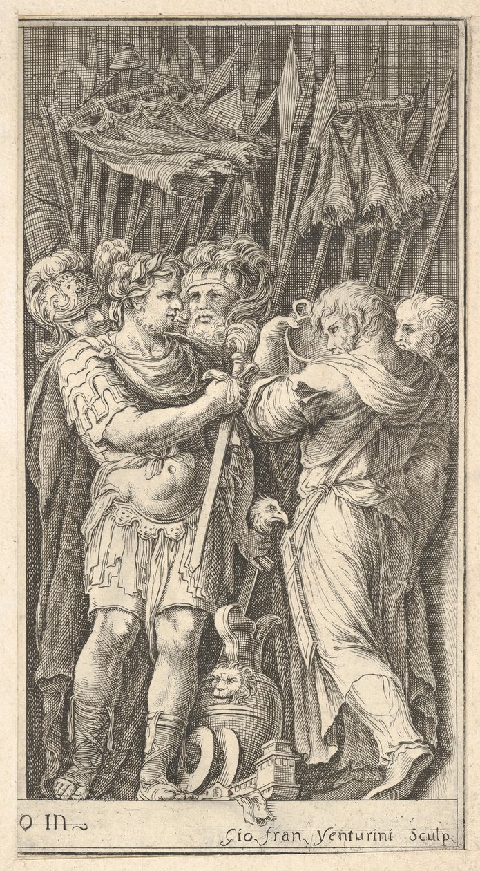 Katonák, az egyik elöl látható és kardot tart, jobbra egy katona a ba..., kb. 1650-1700. alkotó: Giovanni Francesco Venturini