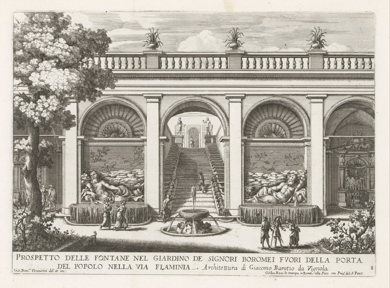 Tuin van een paleis te Róma A Boromei urak kertjében lévő szökőkutak tájékoztatója (...) (cím a tárgyon) Szökőkutak a római palotákban és kertekben (sorozat címe) Fonteinen in de paleizen en tuinen van Rome (sorozat címe) alkotó: Giovanni Francesco Venturini