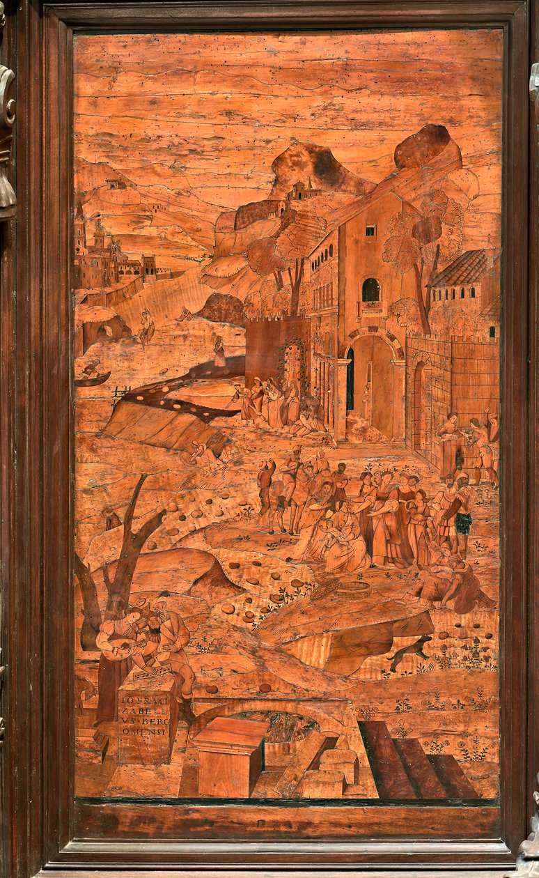 Genova, Dóm (Szent Lőrinc-székesegyház), belül, apszis, kórus, északi oldal: "Mózes megmentve a vízből", fa intarzia Giovanni Francesco Zambelli (XVI. század) alkotó: Giovanni Francesco Zambelli