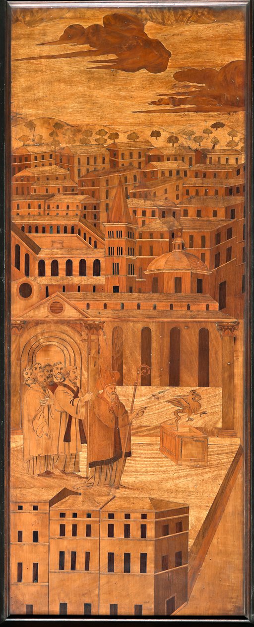 Genova, Dóm (Szent Lőrinc-székesegyház), belül, apszis, kórus, északi oldal: "St Syrus elűzi a baziliszkuszt", fa intarzia, Anselmo De 