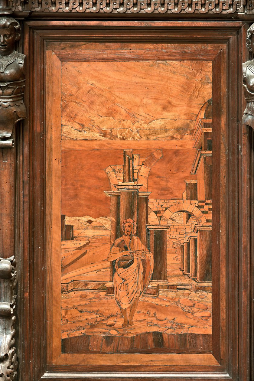 Genova, Dóm (Szent Lőrinc-székesegyház), belül, apszis, kórus, északi oldal: "A keresztelő a vadonban", Giovanni Francesco Zambelli fa intarziája (XVI. század) alkotó: Giovanni Francesco Zambelli