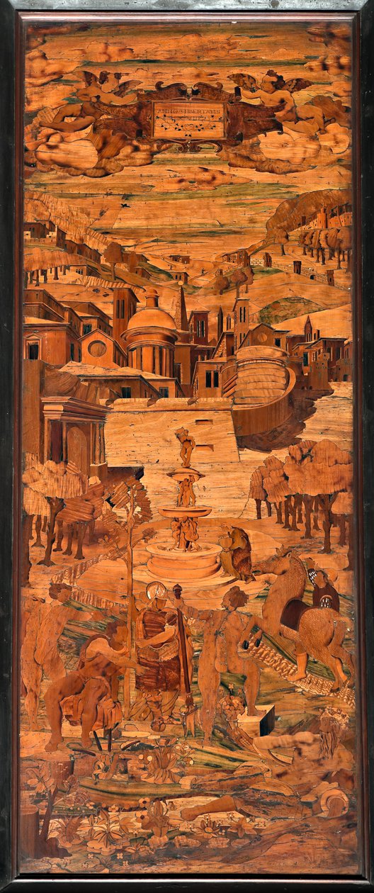 Genova, Dóm (Szent Lőrinc-székesegyház), belül, apszis, kórus, déli oldal: "Allegória", Giovanni Francesco Zambelli fa intarziája (XVI. század) alkotó: Giovanni Francesco Zambelli