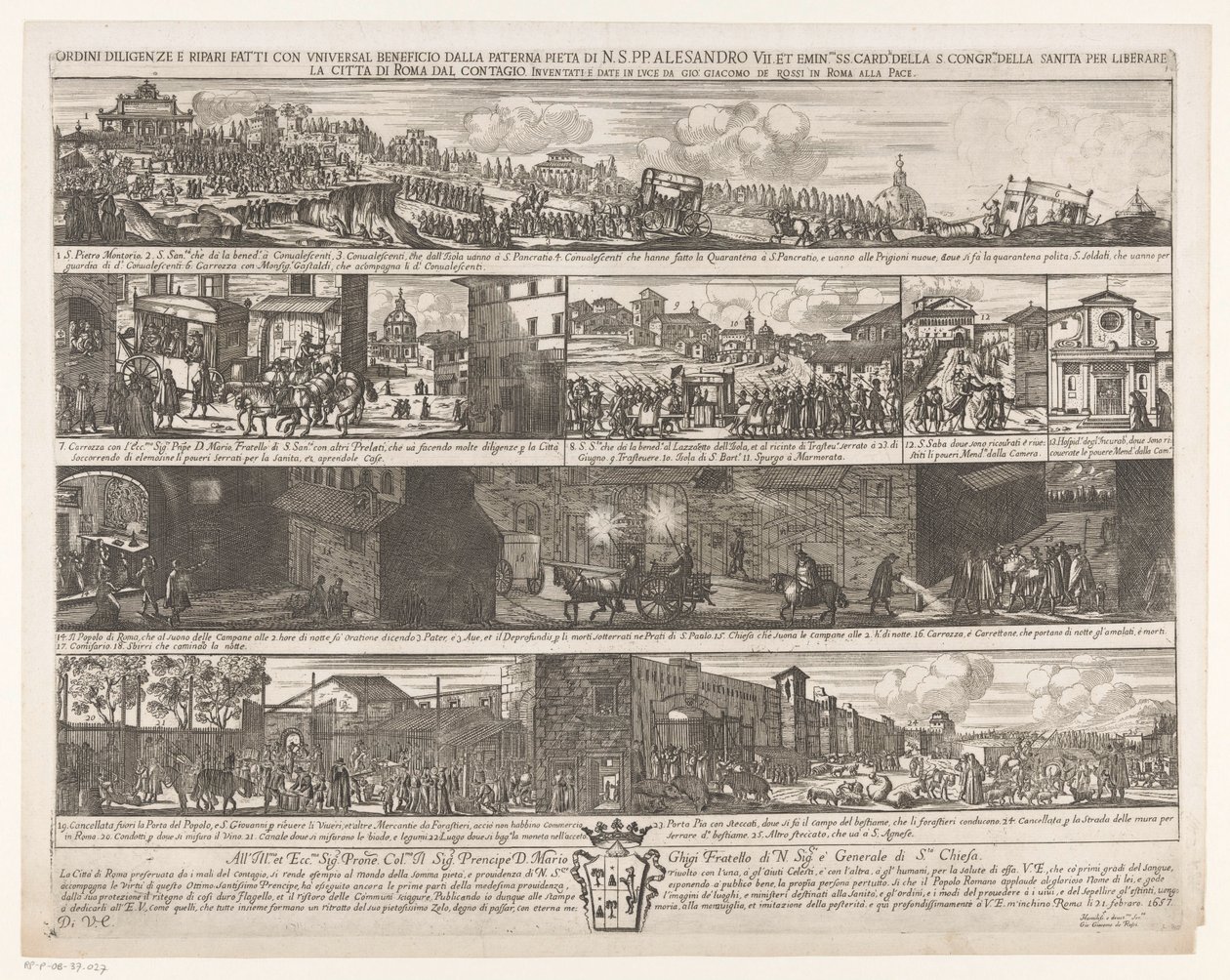 Optocht om Rome vrij te maken van de pest Az apai Pietra di N. S. PP által egyetemes haszonnal végzett szorgalmi megrendelések és javítások. Sándor VII. et emin.mi SS. card.li a S. congr.me della sanita Róma városának megszabadítására a fertőzéstől (cím az alkotó: Giovanni Giacomo de